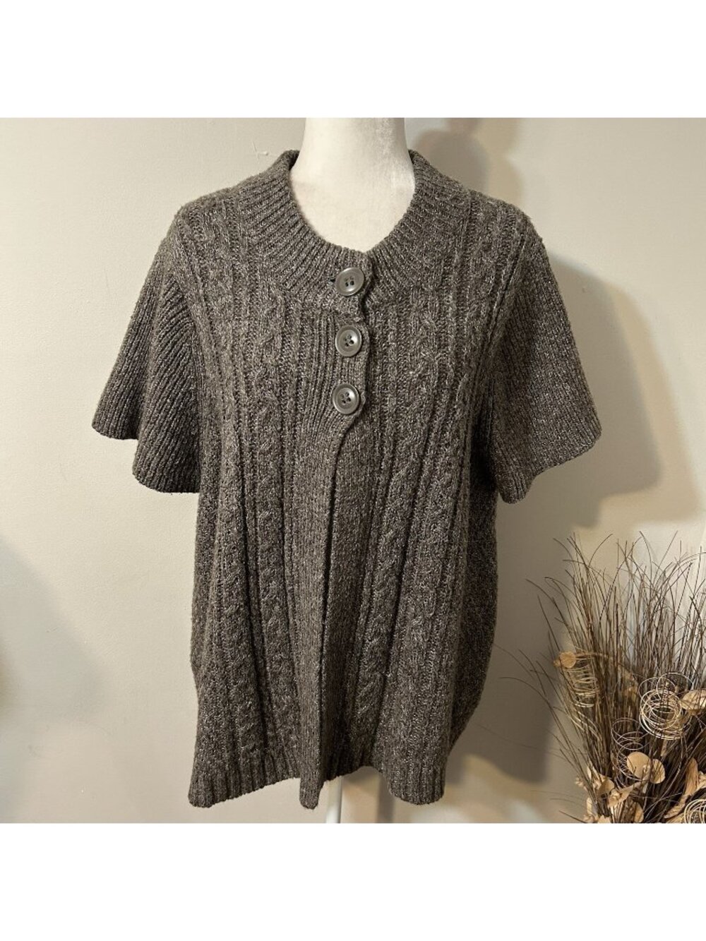 Sonoma Life + Style Women Cardigan Sweater Brown Cable Knit Short Sleeve Open 3X